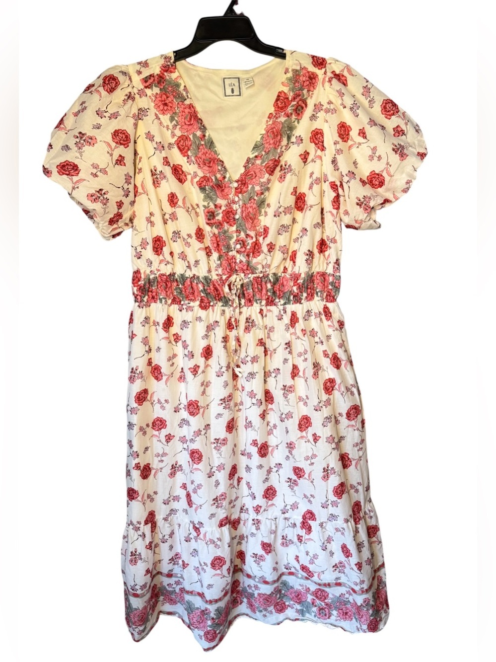 LEA Rose Floral A-line Maxi Lined Cottagecore Puff Sleeve V-Neck Cotton Dress 2X